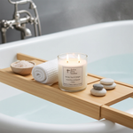 Load image into Gallery viewer, White Tea & Ginger 2 Wick hand poured Candle on a bath tray with a bathtub and steam in the background. Southern Charm Farmhouse.
