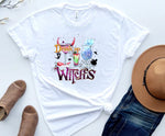Load image into Gallery viewer, White T shirt with the words Drink Up Witches surrounded by cobwebs, drinks, ghost. Southern Charm Farmhouse.
