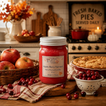 Load image into Gallery viewer, A 16 oz mason jar candle labeled 'Apple Berry Harvest' sits on a wooden table in a cozy kitchen setting, surrounded by apples, cranberries, a pie, and warm autumn decor. Southern Charm Farmhouse.

