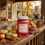 Load image into Gallery viewer, Jar of 'Apple Berry Harvest' candle on a wooden surface with pumpkins, apples, and leaves. Southern Charm Farmhouse.
