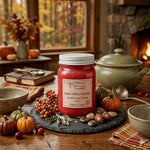 Load image into Gallery viewer, Red candle labeled 'Apple Berry Harvest' on a wooden table with autumn decorations. Southern Charm Farmhouse.
