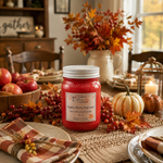 Load image into Gallery viewer, A red hand-poured candle in a 16 oz mason jar with a white lid sits on a rustic autumn-themed dining table. The label reads  'Apple Berry Harvest Hand Poured Candle'. Southern Charm Farmhouse.
