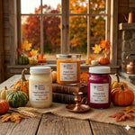 Load image into Gallery viewer, Three candles with labels on a wooden table with autumn decorations.  Southern Charm Farmhouse.
