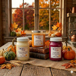 Load image into Gallery viewer, Three hand poured candles labeled Toasted Pumpkin Spice, Pumpkin Spice (2 Wick candle) and Fireside Glow on a wooden table with autumn decorations.  Southern Charm Farmhouse.
