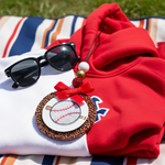 Load image into Gallery viewer, Red hoodie with sunglasses and a Baseball car freshie on a striped surface. Southern Charm Farmhouse.
