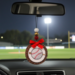 Load image into Gallery viewer, Decorative Baseball car freshie ornament with baseball design hanging from a car's rearview mirror at a baseball field. Southern Charm Farmhouse.
