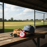 Load image into Gallery viewer, Baseball Mom car freshie by a Baseball cap labeled 'Baseball Mom' and glove on a wooden bench with a baseball field in the background. Southern Charm Farmhouse.
