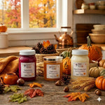 Load image into Gallery viewer, Three jars of hand-poured candles labeled 'Fireside Glow', 'Pumpkin Spice', and 'Toasted Pumpkin Spice' on a wooden surface with autumn decorations.  Southern Charm Farmhouse.
