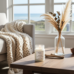 Load image into Gallery viewer, 16 oz Mason jar hand poured Black Sea Candle on a wooden table with a view of a scenic window. Southern Charm Farmhouse
