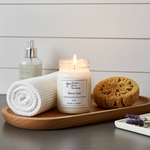 Load image into Gallery viewer, 16 oz Mason jar hand poured Black Sea Candle, towel, and sponge on a wooden tray with a white background. Southern Charm Farmhouse.
