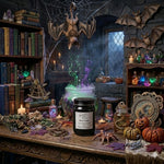 Load image into Gallery viewer, A dark, atmospheric gothic room scene with a black 16 oz mason jar candle labeled 'Black Magic' placed on a carved wooden table, surrounded by candles, books, bottles, bats on the wall, a hanging skeleton figure, and Halloween decor. Southern Charm Farmhouse
