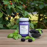 Load image into Gallery viewer, 16 oz hand poured mason jar Candle labeled 'Blackberries &amp; Basil' on a wooden surface with blackberries and basil leaves. Southern Charm Farmhouse
