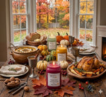 Load image into Gallery viewer, Thanksgiving table setting with roasted turkey, soup, and three 16 oz mason jar hand poured candles labeled Fireside Glow, Fall Festival and Cedar &amp; Autumn Leaves in a room with autumn decor.  Southern Charm Farmhouse.
