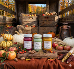 Load image into Gallery viewer, Three hand poured 16 oz mason jar candles labeled Fall Festival, Cedar &amp; Autumn Leaves and Fireside Glow on a wooden table with autumn-themed decorations including pumpkins, apples, and corn stalks.  Southern Charm Farmhouse.
