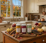 Load image into Gallery viewer, Kitchen counter with three 16 oz mason jar hand poured candles labeled Fall Festival, Fireside Glow and Cedar &amp; Autumn Leaves, pumpkins, with autumn decorations all around.  Southern Charm Farmhouse.
