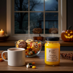 Load image into Gallery viewer, 16 oz mason jar hand poured Candle labeled 'Candy Corn' on a table with cookies and pumpkins in the background. Southern Charm Farmhouse

