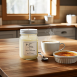Load image into Gallery viewer, Cappuccino Brulee Candle in a 16 oz Mason Jar on a kitchen counter with a cup of coffee and dessert. Southern Charm Farmhouse.
