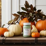 Load image into Gallery viewer, 16 oz Mason jar hand poured Candle with label named Cedar &amp; Autumn Leaves surrounded by pumpkins and leaves on a wooden surface.  Southern Charm Farmhouse.
