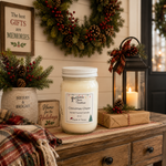 Load image into Gallery viewer, A hand-poured candle in a clear16 oz mason jar with a white lid sits on a rustic wooden table in a decorated holiday setting. The label reads 'Christmas Cheer'.  Southern Charm Farmhouse.
