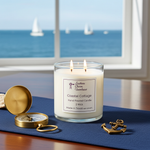 Load image into Gallery viewer, 2 wick hand poured Coastal cottage candle with decorative items on a table by a window with ocean view. Southern Charm Farmhouse.
