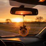Load image into Gallery viewer, Decorative hanging Country Sunflower car freshie  in a car's rearview mirror with a sunset outside. Southern Charm Farmhouse.

