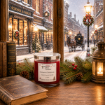 Load image into Gallery viewer, A red holiday hand poured Dickens Christmas candle in a glass jar sits on a wooden table by a window, surrounded by books, evergreen branches with berries, and a lantern. Outside the window, a snowy street scene with storefronts and a horse-drawn carriage is visible. Southern Charm Farmhouse
