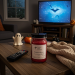 Load image into Gallery viewer, Red hand poured candle labeled 'Dragons Blood' on a wooden table with Halloween decorations in the background. Southern Charm Farmhouse.
