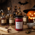 Load image into Gallery viewer, 16 oz mason Jar of 'Dragon's Blood' hand poured candle with Halloween-themed decor including bottles, pumpkins, and a witch hat. Southern Charm Farmhouse.
