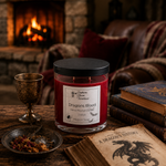 Load image into Gallery viewer, A red hand-poured candle in a clear glass jar with a black lid sits on a rustic wooden table in a cozy room with a burning fireplace, a brass goblet, books, and a small dish of dried botanicals. The candle label reads 'Dragon's Blood' and shows the brand 'Southern Charm Farmhouse'.
