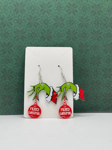 Merry Grinchmas Hand holding Ornament Earrings