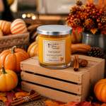 Load image into Gallery viewer, A glass jar candle with a silver lid sits on a wooden crate in an autumn-themed setting with pumpkins, cinnamon sticks, leaves, and fall decorations. The candle label reads 'Fall Festival. Southern Charm Farmhouse.
