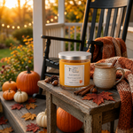 Load image into Gallery viewer, A glass jar hand poured candle labeled 'Fall Festival' sits on a rustic wooden porch table, surrounded by pumpkins, autumn leaves, cinnamon sticks, and a cozy knit blanket draped over a rocking chair. Southern Charm Farmhouse.
