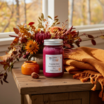 Load image into Gallery viewer, Hand poured Candle labeled 'Fireside Glow' on a wooden surface with autumn-themed decor.  Southern Charm Farmhouse.
