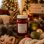 Load image into Gallery viewer, A 16 oz mason jar candle with a white lid and a label reading 'Fireside Magic Hand Poured Candle' sits on a wooden table in a cozy Christmas living room setting. The scene includes a decorated Christmas tree, warm lights, a fireplace, ornaments, pinecones, and gingerbread cookies. Southern Charm Farmhouse
