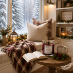 Load image into Gallery viewer, A cozy indoor holiday scene with a lit candle on a wooden table in front of a window. The candle jar is labeled 'Fireside Magic' by Southern Charm Farmhouse.

