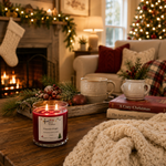 Load image into Gallery viewer, A lit red scented hand poured candle in a clear glass jar sits on a wooden table in a cozy, warmly lit living room decorated for Christmas. The background features a fireplace with a burning fire, a lit Christmas tree, a fireplace stocking, and a comfortable armchair with red and cream pillows. Candle labeled Fireside Magic. Southern Charm Farmhouse.
