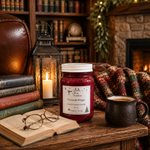 Load image into Gallery viewer, A hand-poured 16 oz mason jar candle labeled 'Fireside Magic' sits on a wooden table in a cozy living room setting with a bookshelf, lantern, open book, glasses, and a mug of coffee. Southern Charm Farmhouse
