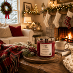 Load image into Gallery viewer, A festive hand-poured candle in a clear glass jar with a silver lid sits on a wooden tray on a coffee table in a cozy, holiday-decorated living room. The candle wax is deep red, and the label reads 'Fireside Magic Hand Poured Candle' and 'Made in Texas'. Southern Charm Farmhouse.
