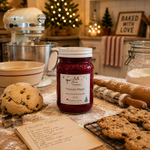 Load image into Gallery viewer, A 16 oz mason jar of Hand Poured Candle named Fireside Magic with a white lid and a red glass body, styled on a flour-dusted baking counter with cookies, a rolling pin, a stand mixer, and holiday decorations in the background. Southern Charm Farmhouse
