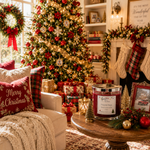 Load image into Gallery viewer, A cozy Christmas living room scene with a decorated tree, fireplace, stockings, and a large candle jar in the foreground on a wooden table. The candle label reads 'Fireside Magic' and appears to be the product being featured. Southern Charm Farmhouse.
