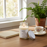 Load image into Gallery viewer, 16 oz hand poured Mason Jar French Market Candle lit on a wooden surface with a tea cup, saucer, and plant in the background. Southern Charm Farmhouse
