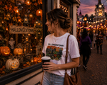 Load image into Gallery viewer, A woman wearing a white t-shirt featuring a "Halloweentown" graphic stands on a street at dusk, holding a coffee cup while looking into a shop window decorated with pumpkins, ghost figures, and warm lighting, with a bustling, festive town scene in the background. Southern Charm Farmhouse.
