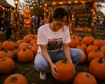 Load image into Gallery viewer, A smiling woman wearing a white t-shirt with a "Halloweentown" graphic crouches down in a pumpkin patch at dusk, picking up a large pumpkin, surrounded by many other pumpkins on the ground with festive string lights glowing in the background. Southern Charm Farmhouse.
