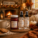 Load image into Gallery viewer, A cozy fall-themed product display featuring a jar of hand-poured candle and two room spray bottles labeled 'Fireside Glow' on a wooden board in a warm, decorated living room setting. Southern Charm Farmhouse.
