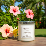 Load image into Gallery viewer, 2 Wick clear Candle labeled 'Hawaiian Tropic' with pink flowers in the background. Southern Charm Farmhouse.
