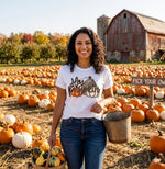Load image into Gallery viewer, Woman wearing a white t shirt with Hey Pumpkin on it in a pumpkin patch with a 'Pick Your Own' sign and barn in the background. Southern Charm Farmhouse.
