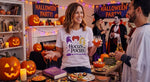 Load image into Gallery viewer, Woman in 'Hocus Pocus' t-shirt at a Halloween party with decorations and treats. Southern Charm Farmhouse.
