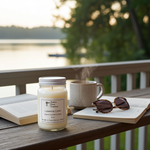 Load image into Gallery viewer, 16 oz hand poured Lakeside Cabin Candle, mug, sunglasses, and book on a wooden table with a scenic background. Southern Charm Farmhouse.
