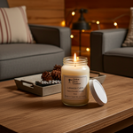 Load image into Gallery viewer, 16 oz Mason Jar Hand poured candle labeled 'Lakeside Cabin' on a wooden table with a cozy living room background. Southern Charm Farmhouse.

