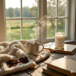 Load image into Gallery viewer, Cup of steaming coffee, book, and a a hand poured candle labeled Lakeside Cabin on a wooden table with a window view. Southern Charm Farmhouse.
